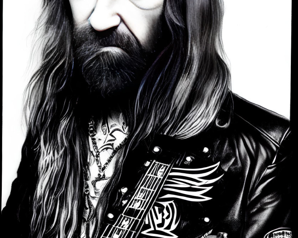 Bearded man in leather jacket with electric guitar