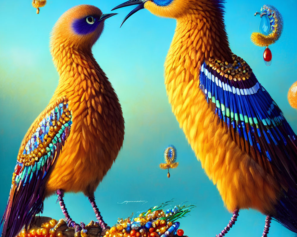 Stylized orange birds with jeweled feathers in blue sky scene