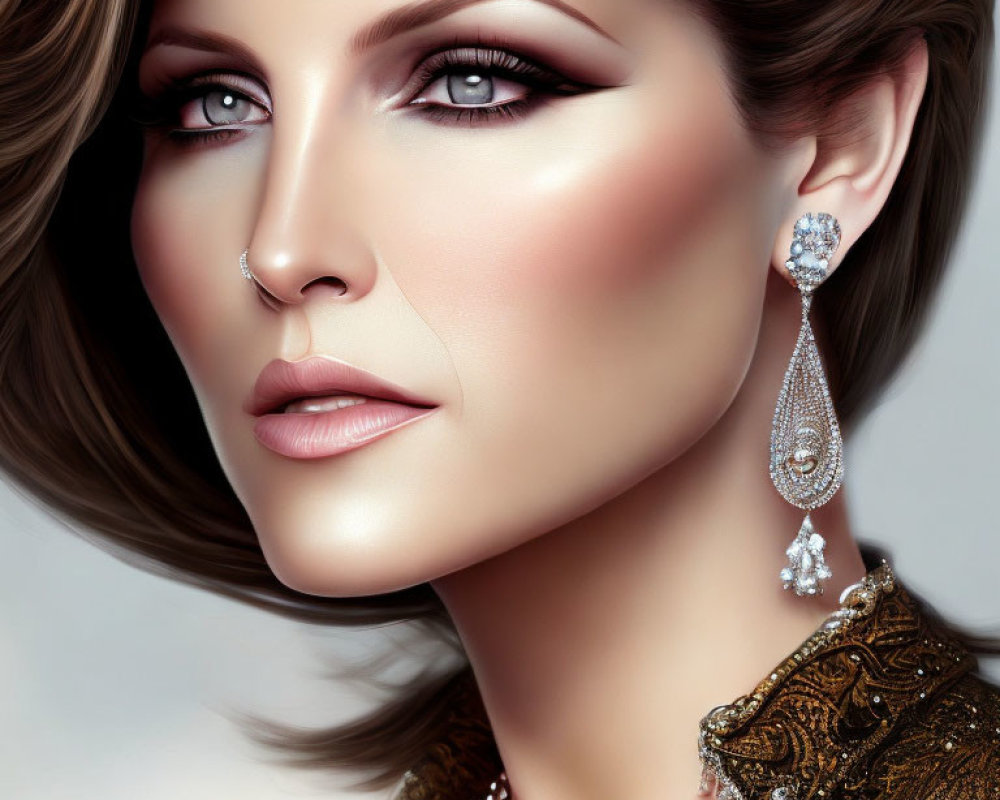 Digital artwork featuring woman with striking makeup and ornate earrings