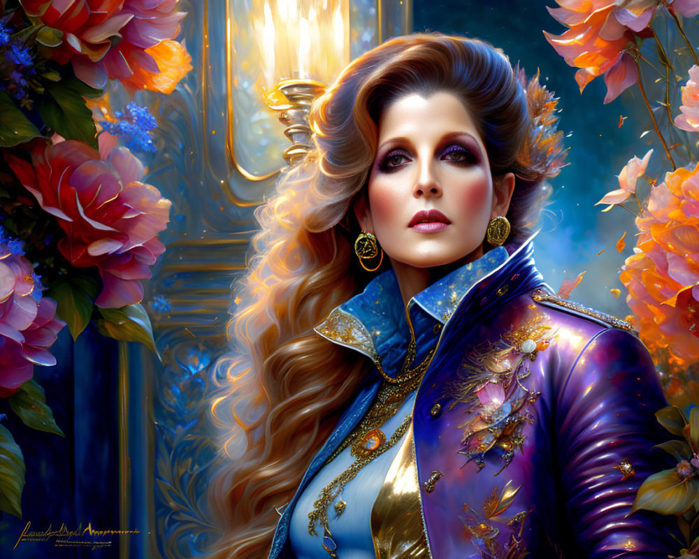 Illustrated woman in ornate blue-and-gold jacket with flowing hair and dramatic makeup amidst vibrant floral