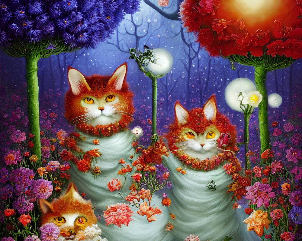 Colorful artwork: Three cats with human-like eyes among oversized flowers on magical blue backdrop