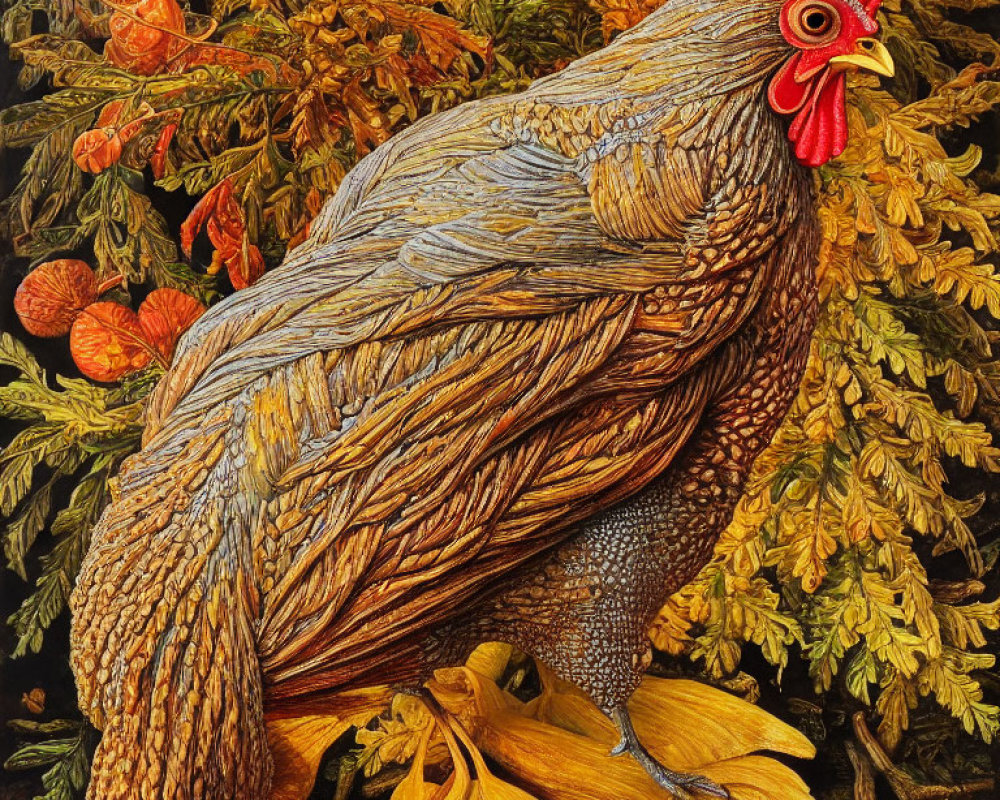 Detailed painting of a chicken in autumn setting