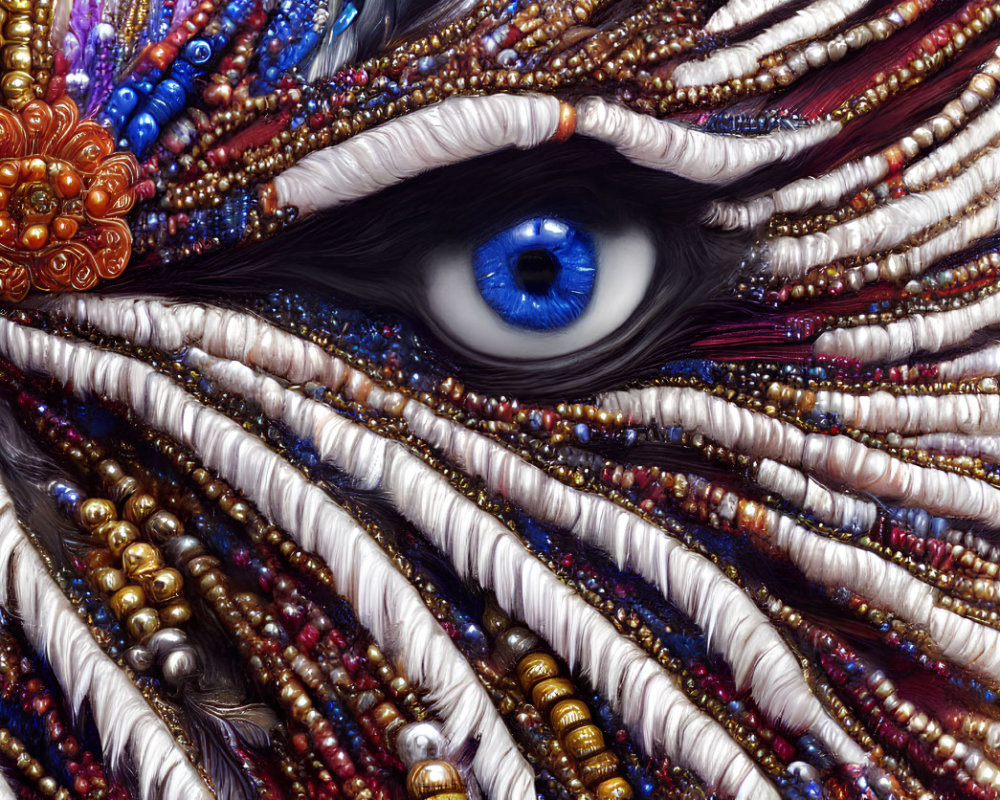 Detailed Blue Eye Artwork with Multicolored Beads and Textures