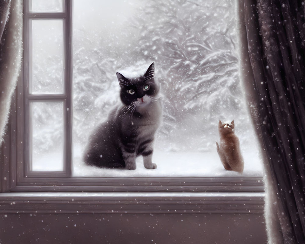 Gray cat with striking eyes watching squirrel through snowy window