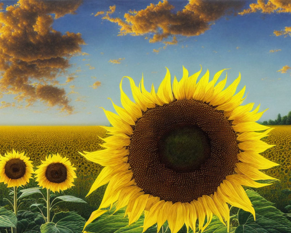 Colorful close-up painting of a large sunflower in a field with blue sky