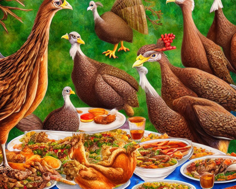 Birds resembling chickens and a turkey at a humorous feast