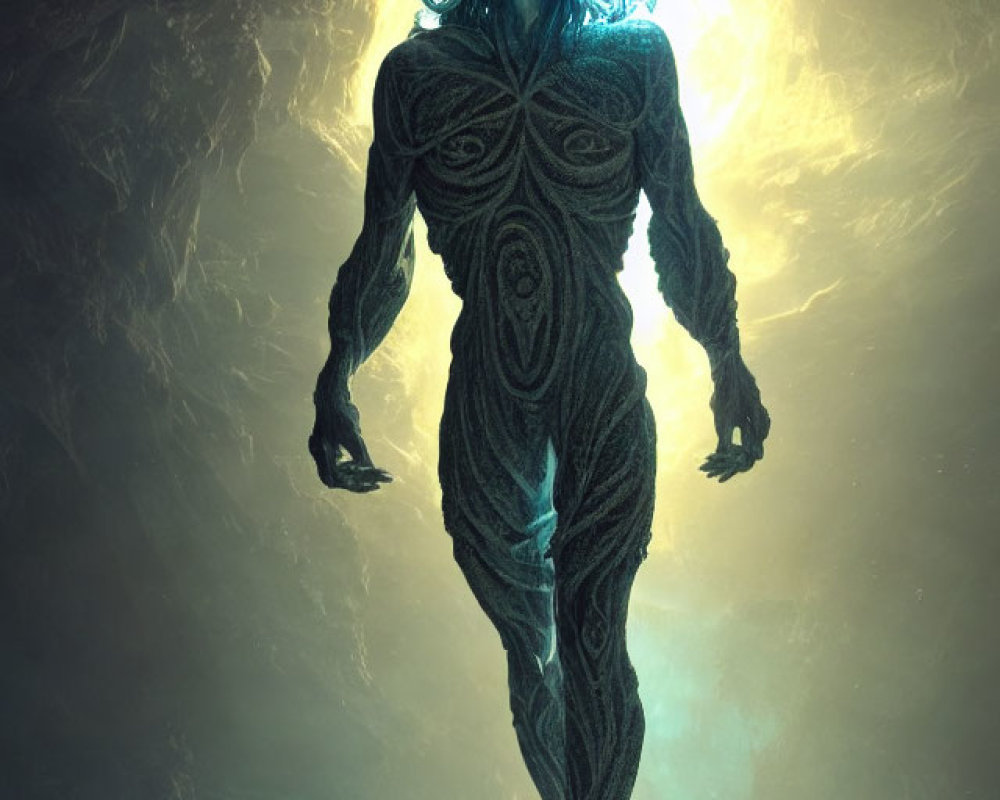 Ethereal blue figure with intricate patterns floating among rocks