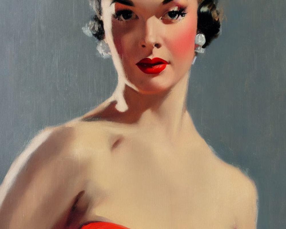 Vintage Portrait of Woman in Elegant Red Dress and Headpiece with Red Lips and Pearl Earrings on Grey