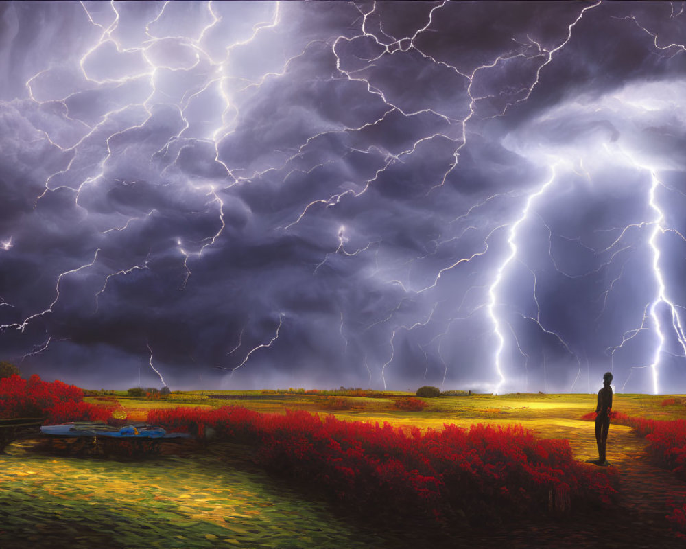 Solitary figure in red flower field under dramatic sky with lightning streaks