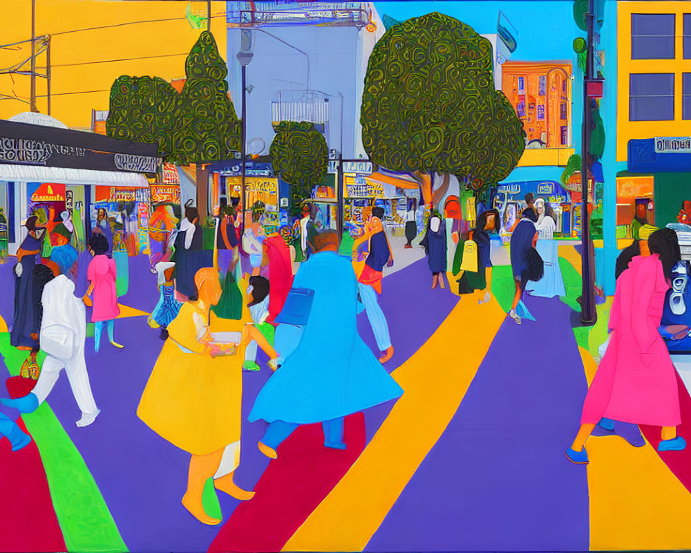 Vibrant urban street scene with diverse people on rainbow crosswalk