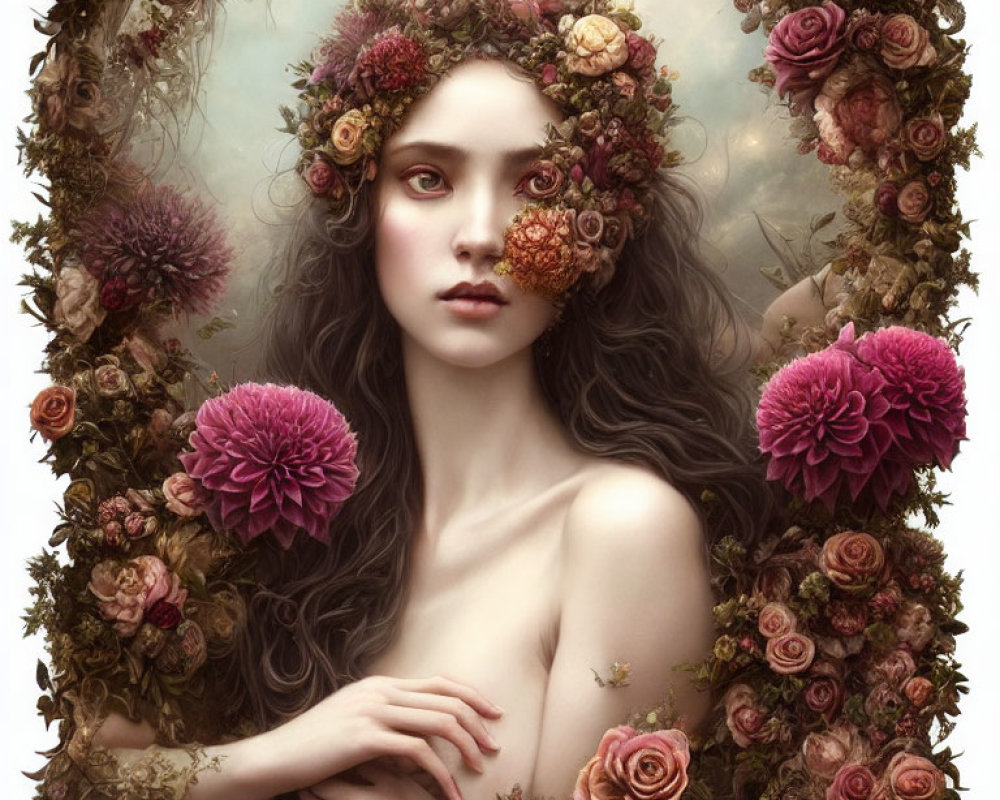 Surreal portrait of a woman with floral headdress