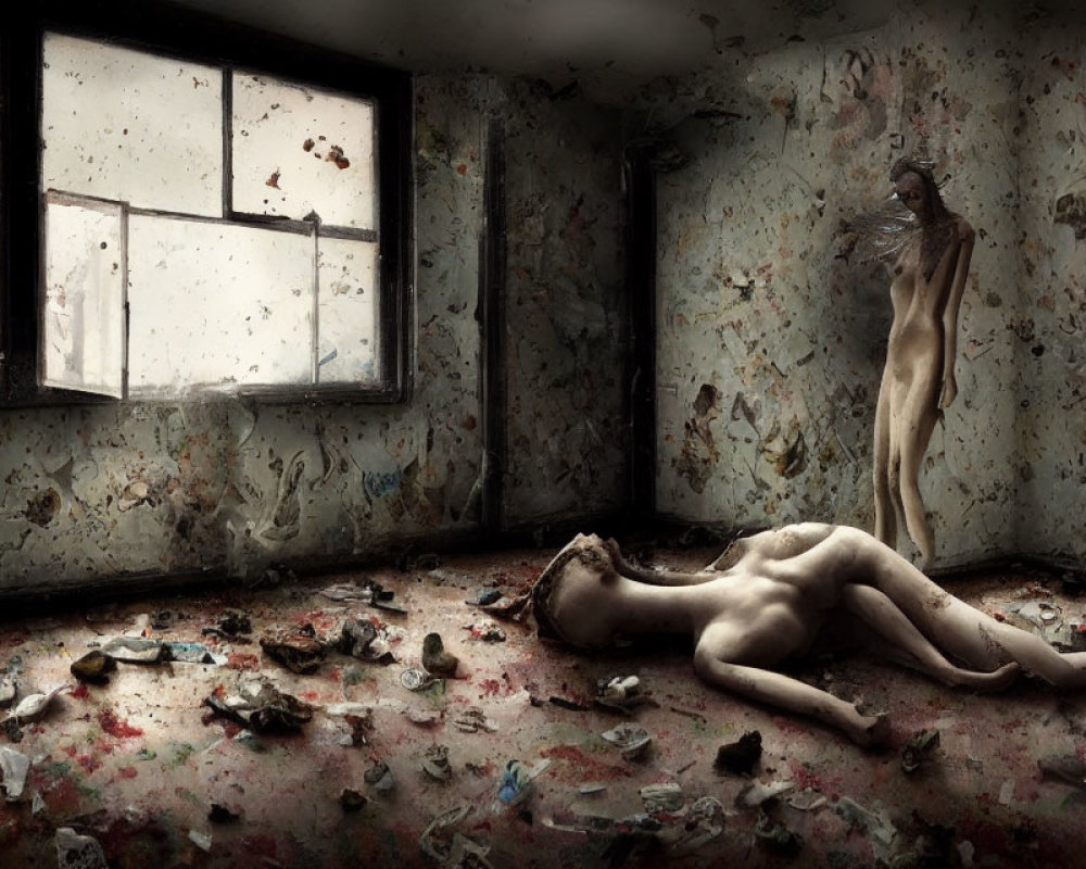 Desolate Room with Decaying Walls and Unclothed Figures