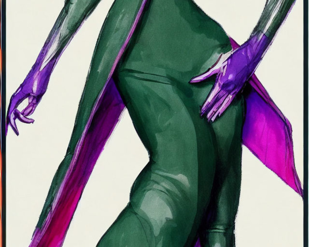 Vibrant green and magenta figure with exaggerated proportions and stylized limbs.