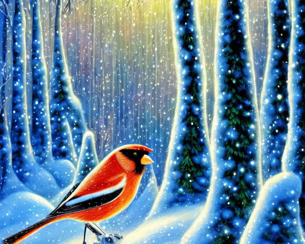 Colorful cardinal bird in snowy forest with yellow glow