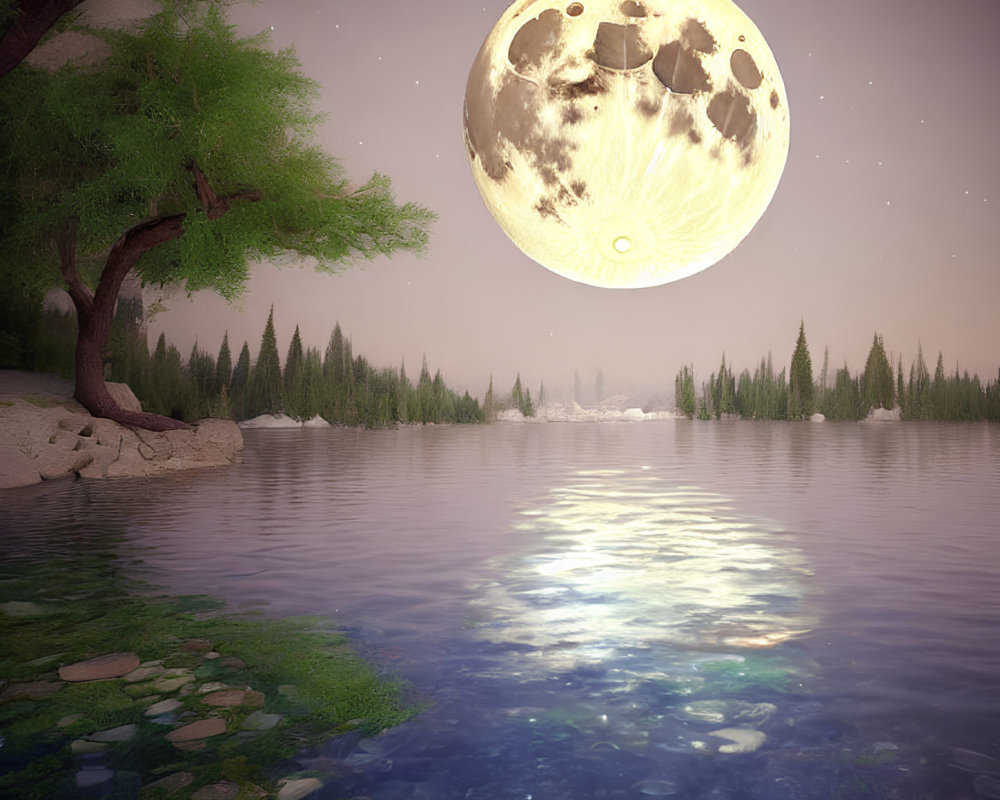 Detailed Moon Over Serene Lakeside Scene at Dusk