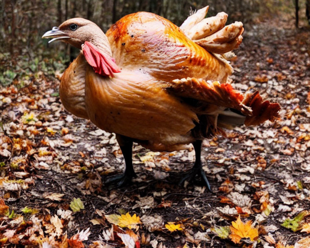 Puffed-out turkey in autumn forest with fallen leaves