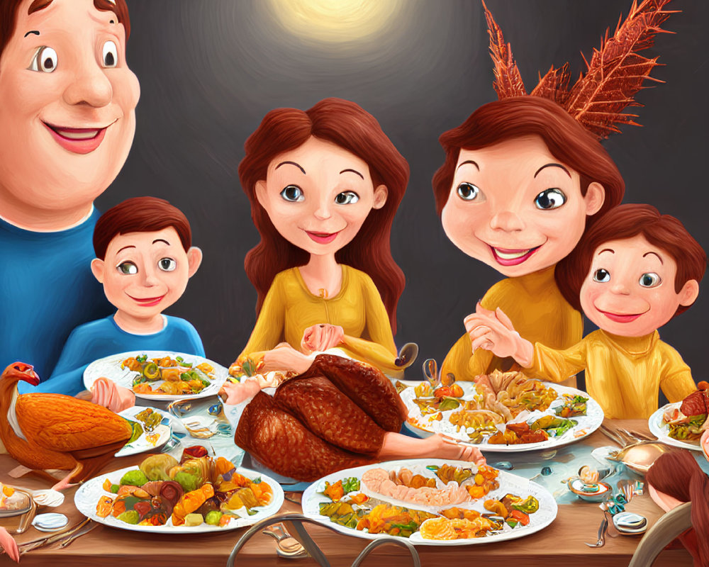 Cartoon-style Family of Five Enjoying Festive Dinner