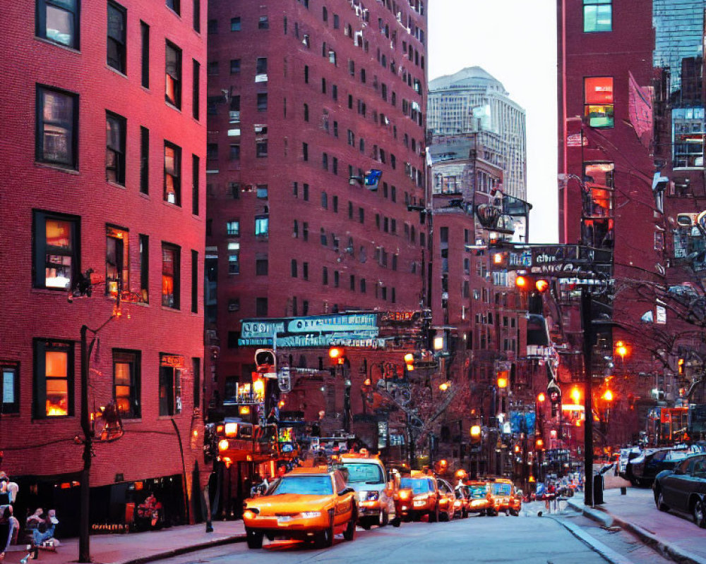 City street at twilight with red brick buildings, neon signs, and glowing car headlights