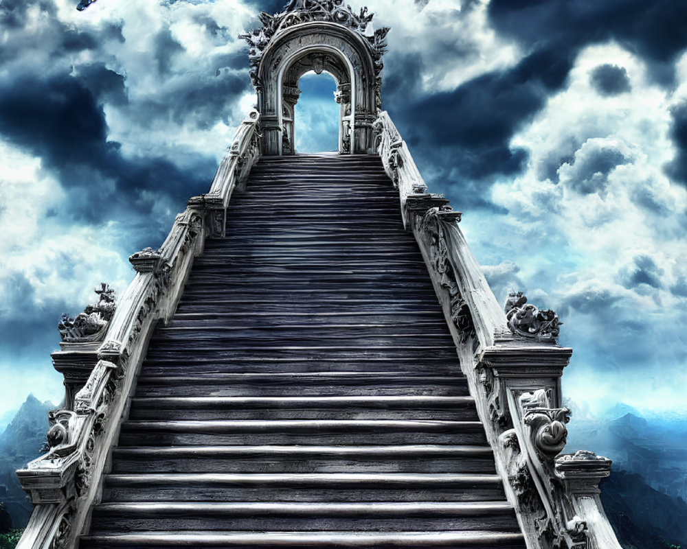 Elaborate Stone Staircase Under Cloudy Sky