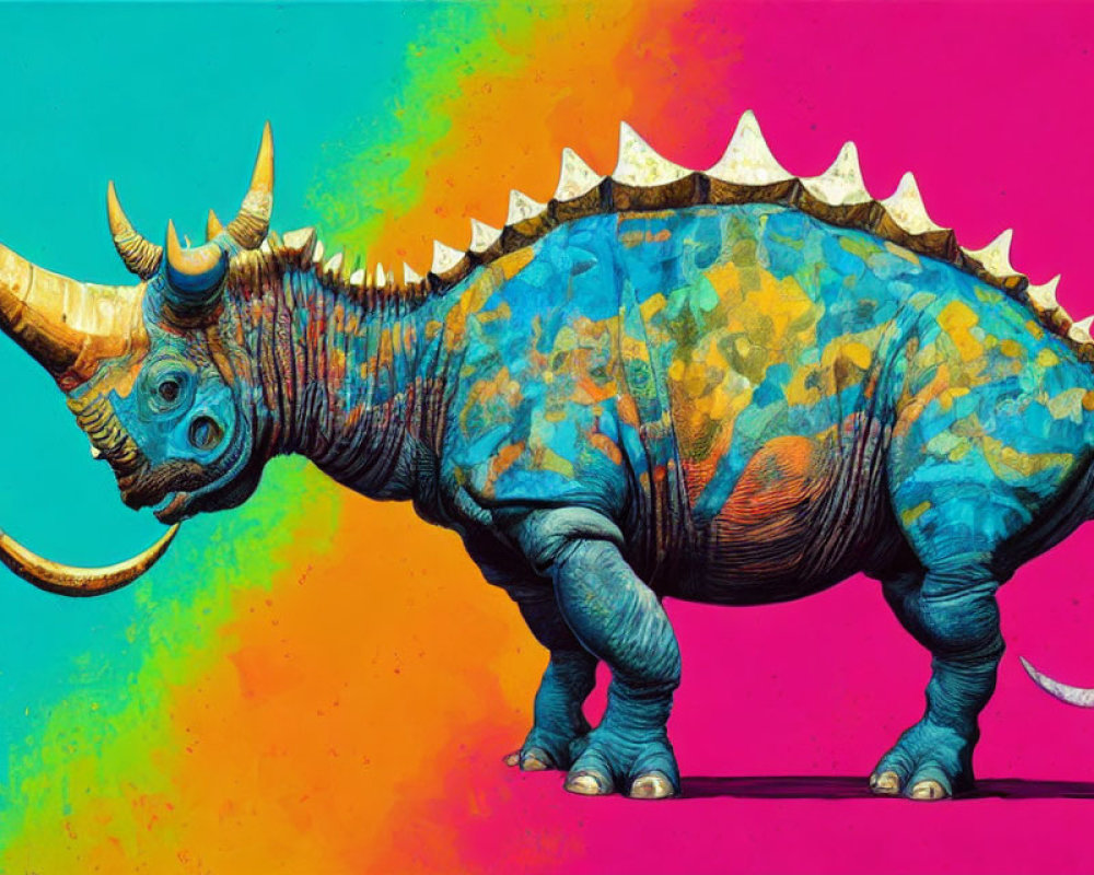 Colorful Stylized Rhinoceros Illustration on Vibrant Background