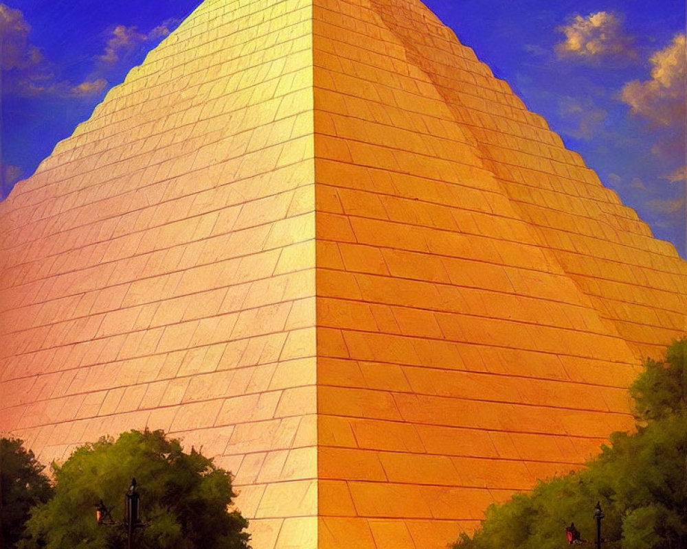 Sunlit pyramid with smooth facade under blue sky and trees, with small human figures.