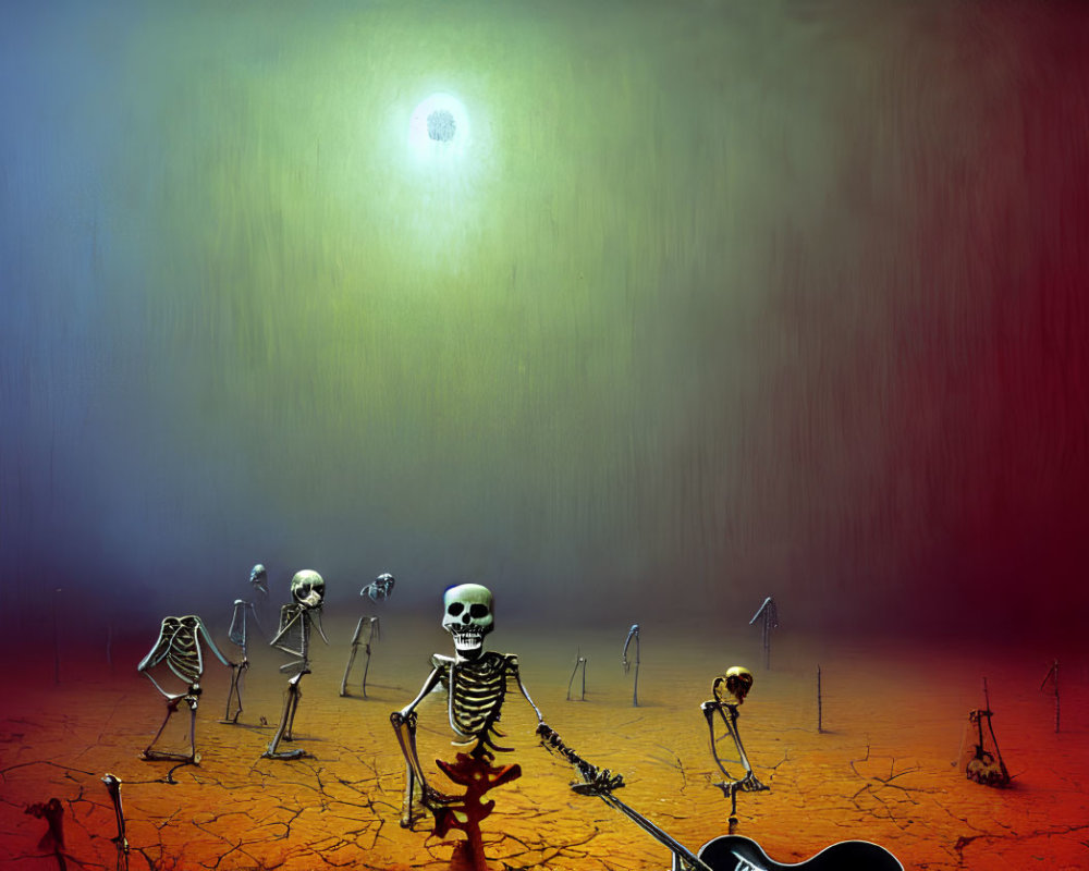 Skeleton band playing guitar in cracked landscape under red spotlight