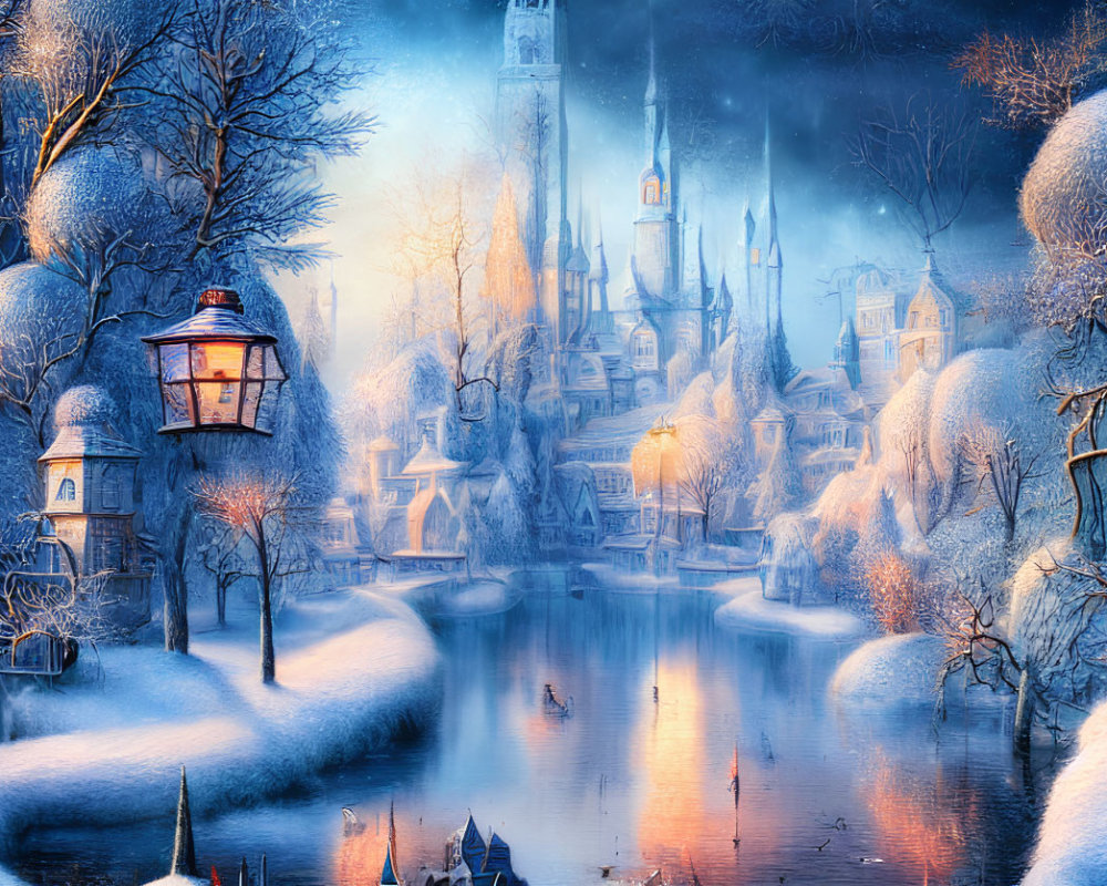 Snow-covered village with glowing lanterns, river, and castle in twilight scene