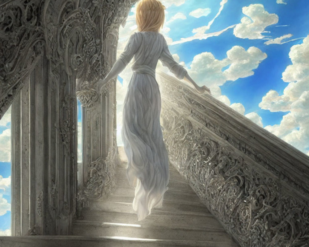 Woman in flowing dress climbs ornate staircase under magical sky