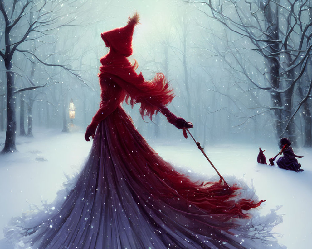 Mysterious figure in red cloak with staff in snowy forest