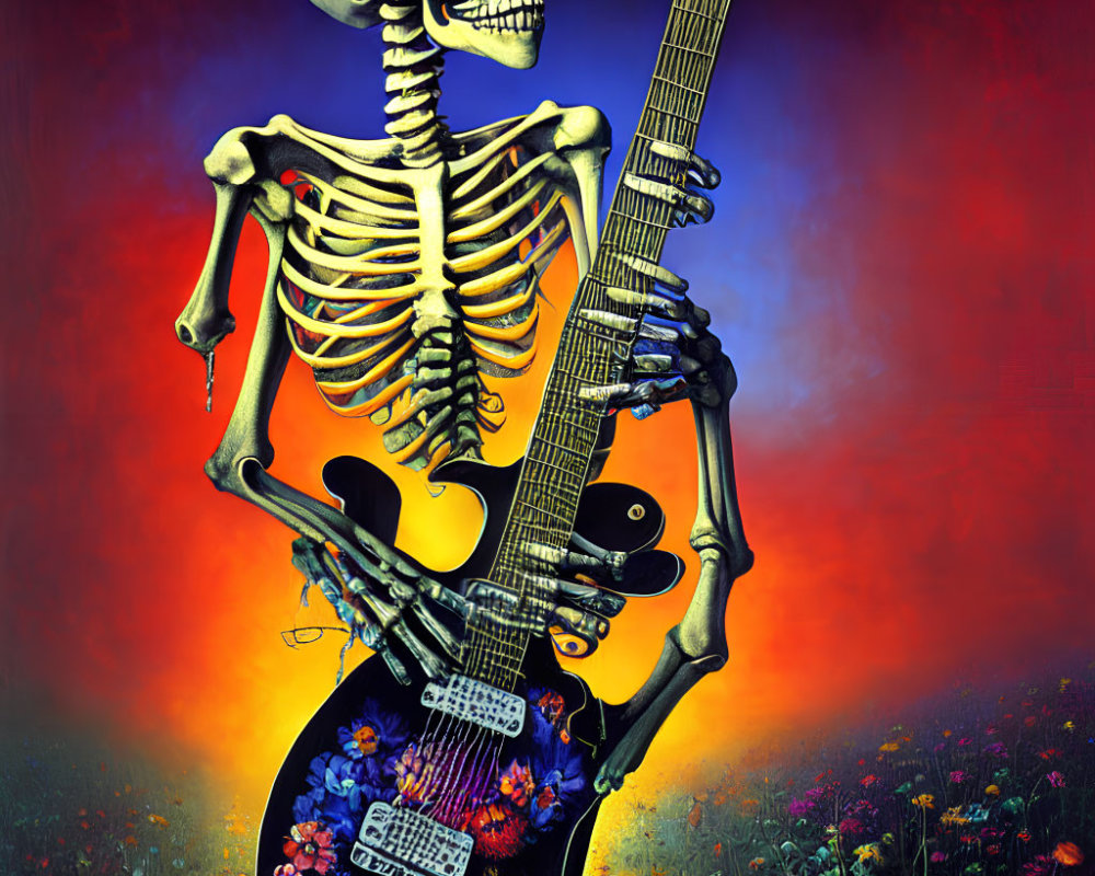 Skeleton Holding Guitar Adorned with Flowers in Field at Sunset