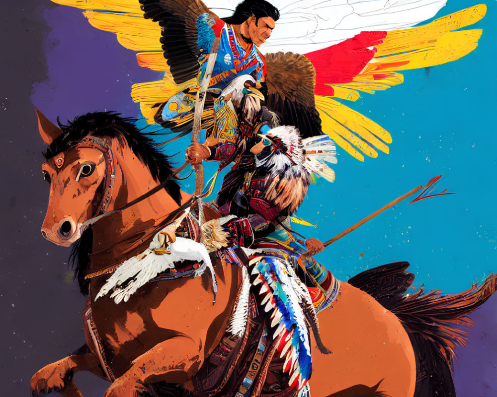 Native American warrior in traditional regalia on horseback with eagle spirit.