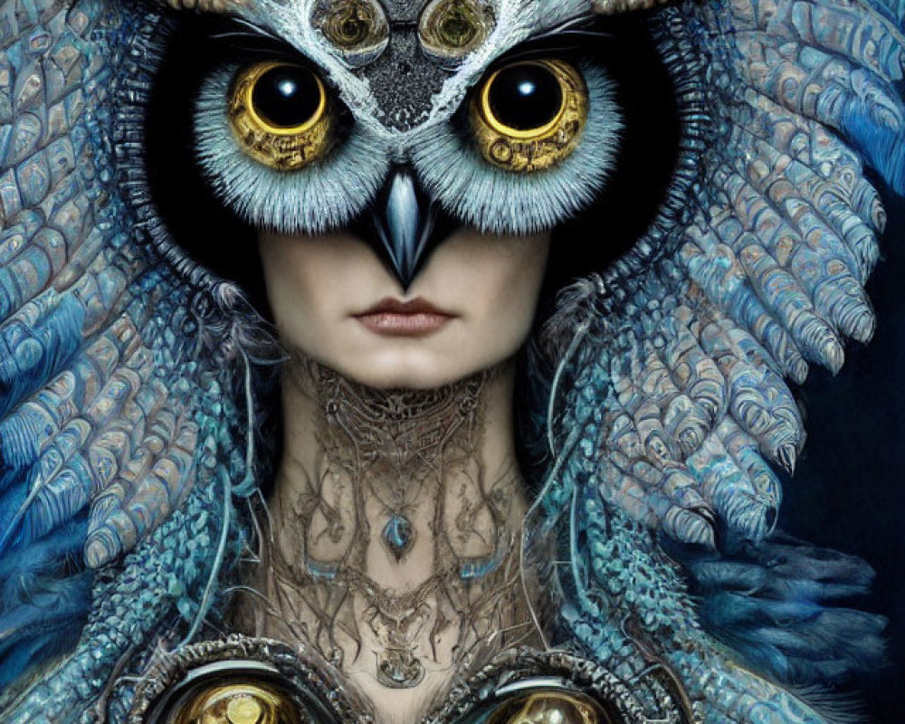 Person with owl-themed mask and feathered headdress: Mystical and intense presence