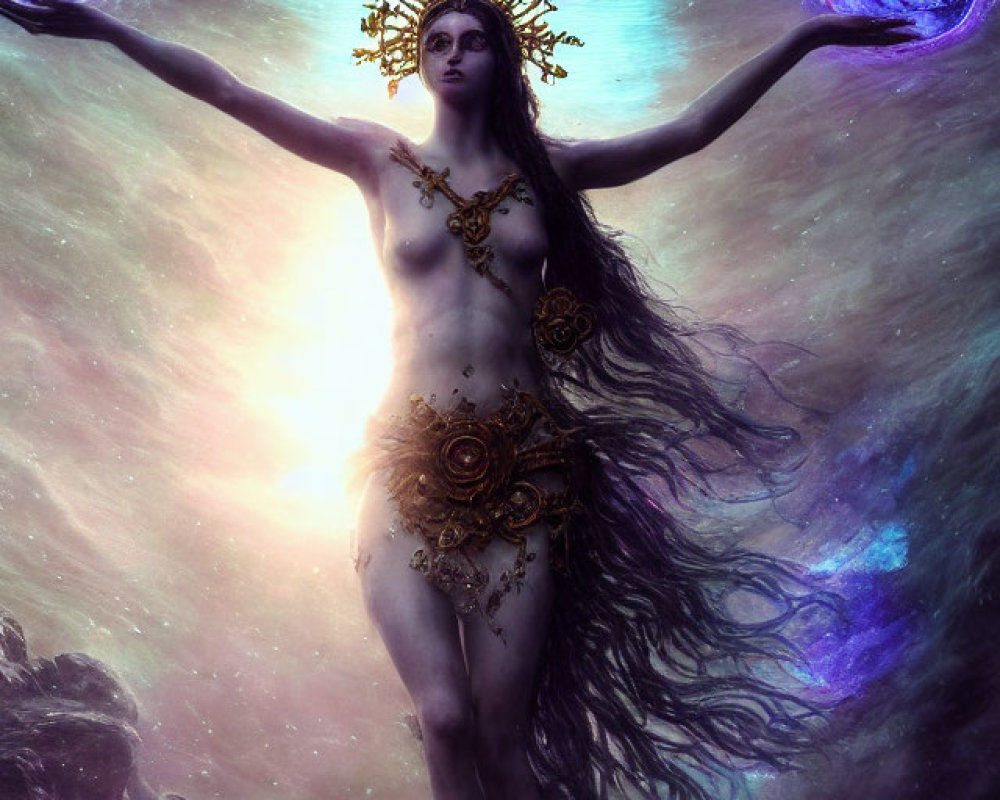 Mystical female figure with ornate crown holding swirling galaxies