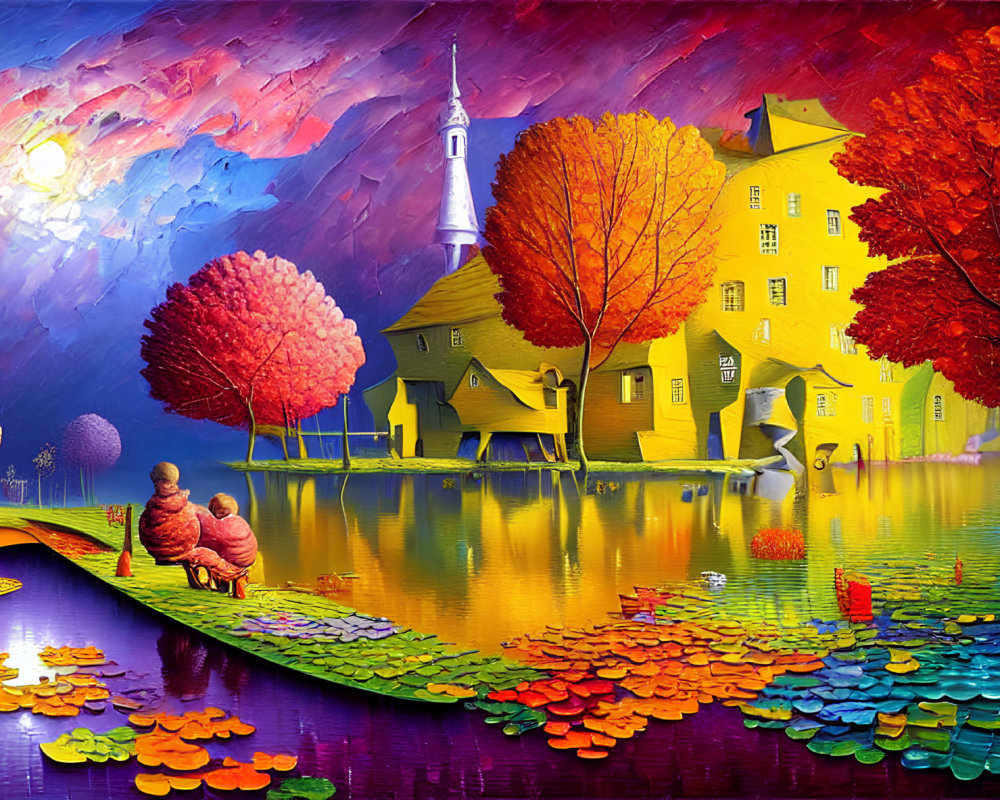 Colorful autumn landscape with church by reflective lake and figures near boat