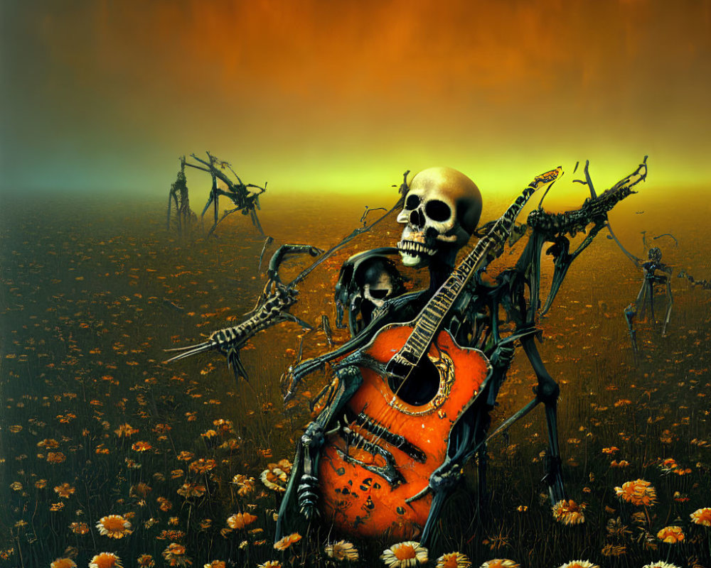 Surreal landscape with skeleton playing guitar among daisies