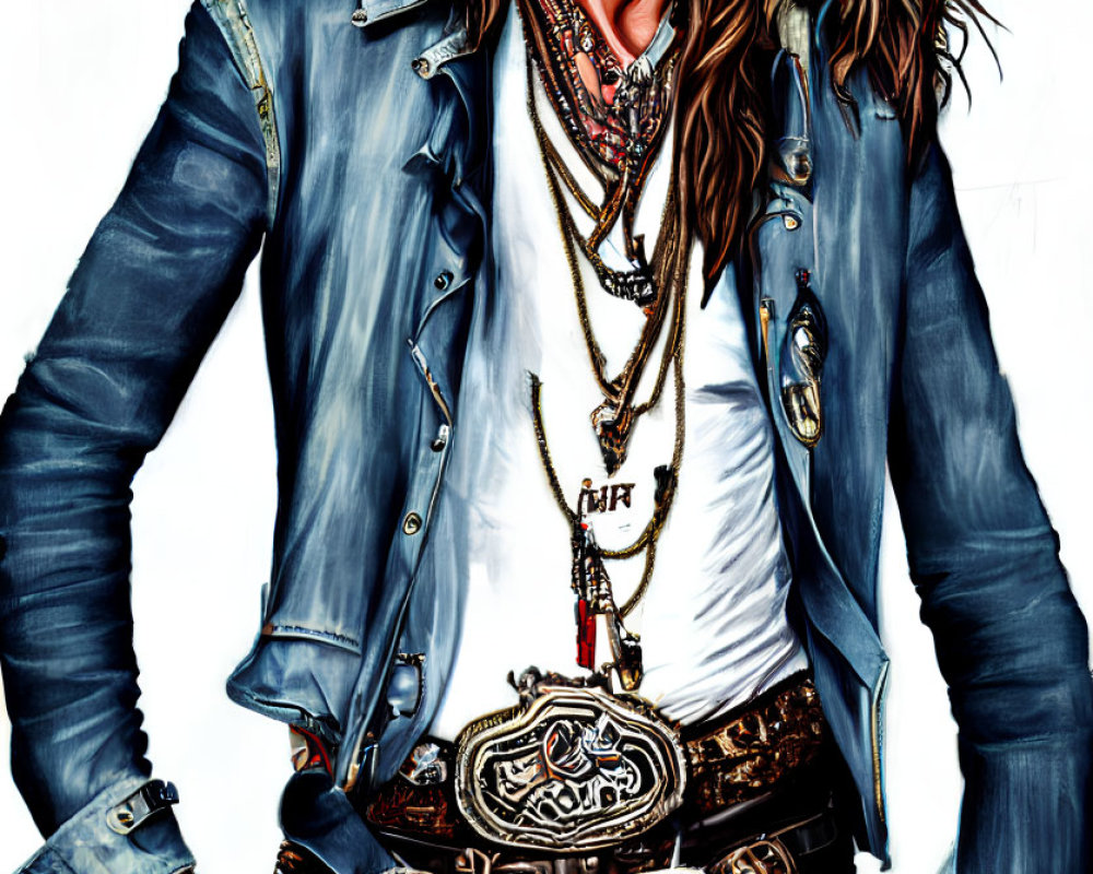 Illustration of person in rockstar attire with leather vest, hat, and necklaces