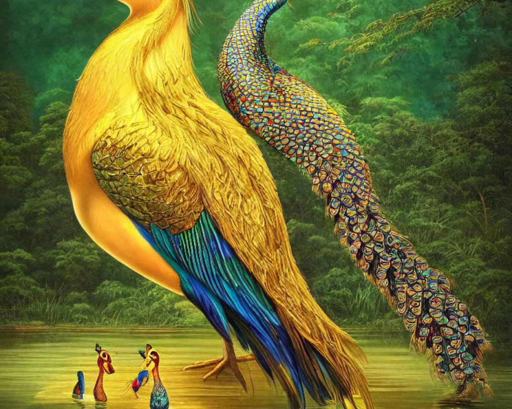 Golden bird and blue peacock in lush green landscape with small figures