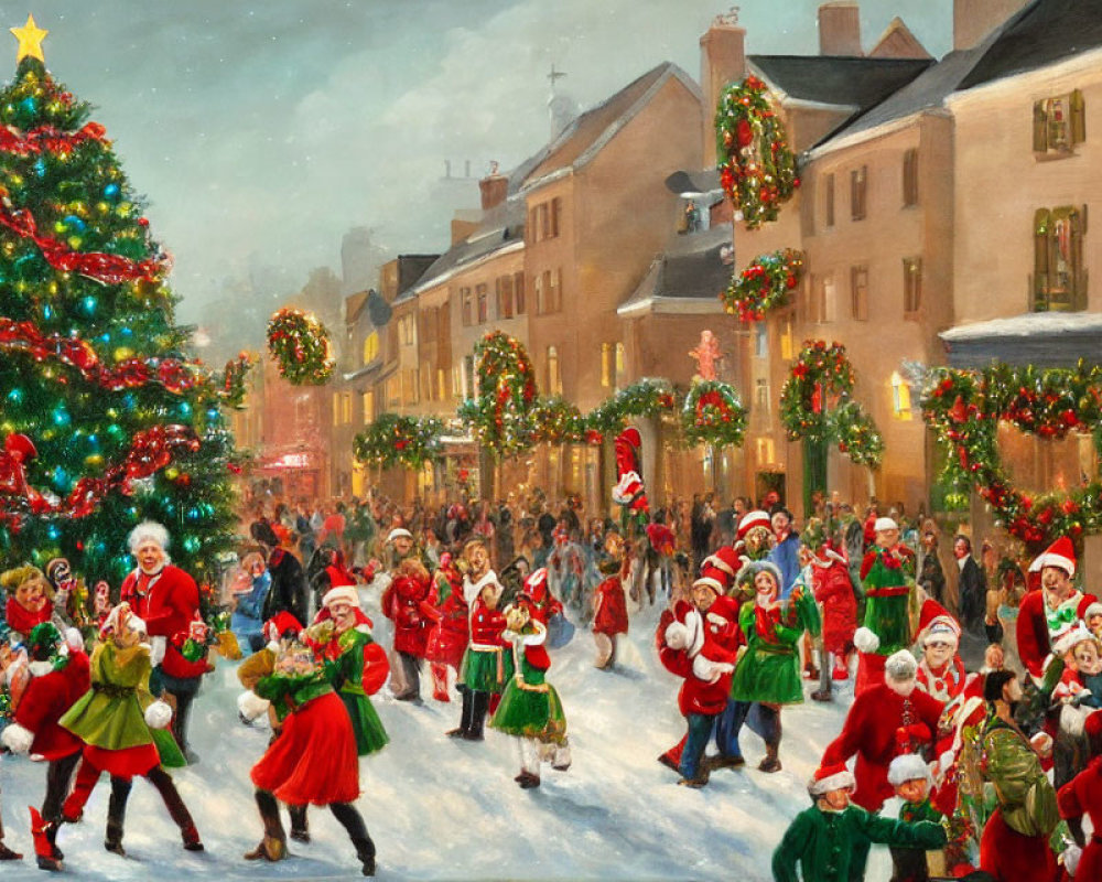 Vibrant Christmas street scene with dancing people and snow-covered tree