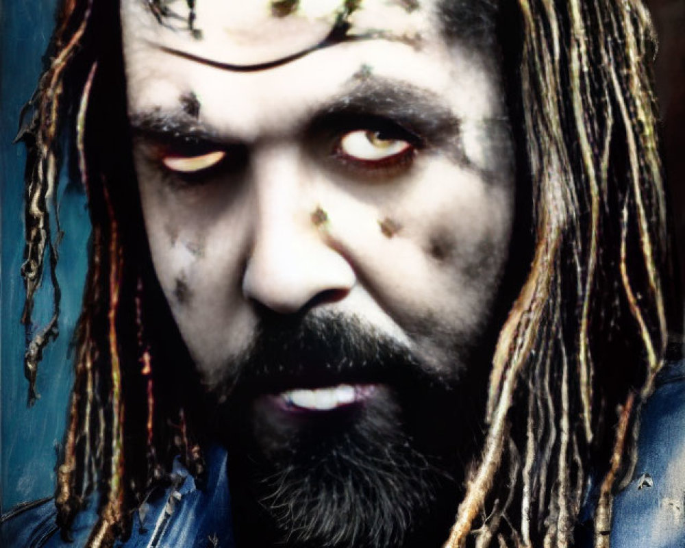 Intense red-eyed person with dreadlocks and dark makeup on blue background