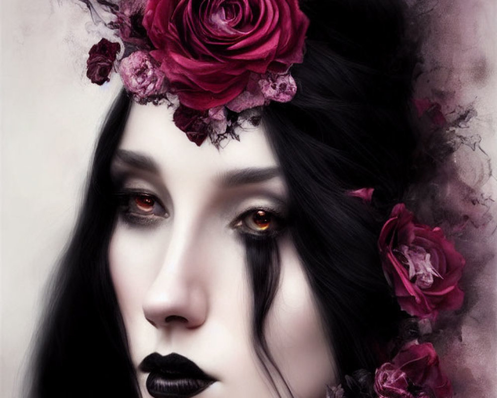 Portrait of person with pale skin, dark hair, red roses, and black lipstick.