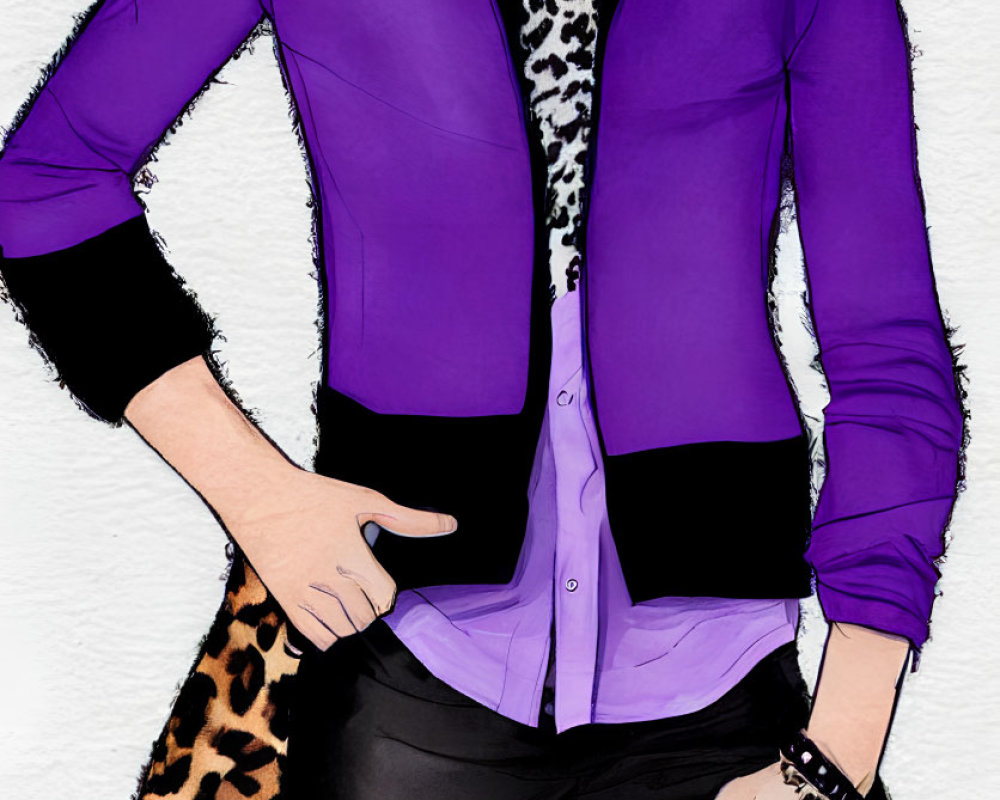 Fashionable illustration of person in purple jacket, leopard print scarf, purple shirt, black pants, and