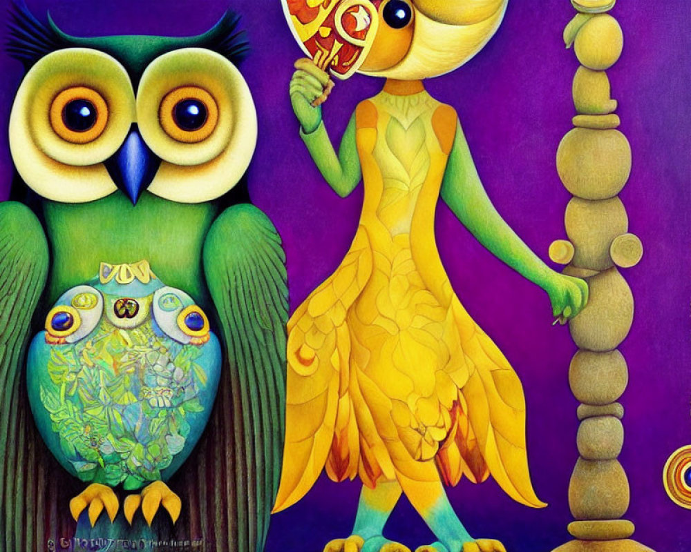 Vibrant artwork with large owl, small owl, and bird-like figure holding a mask