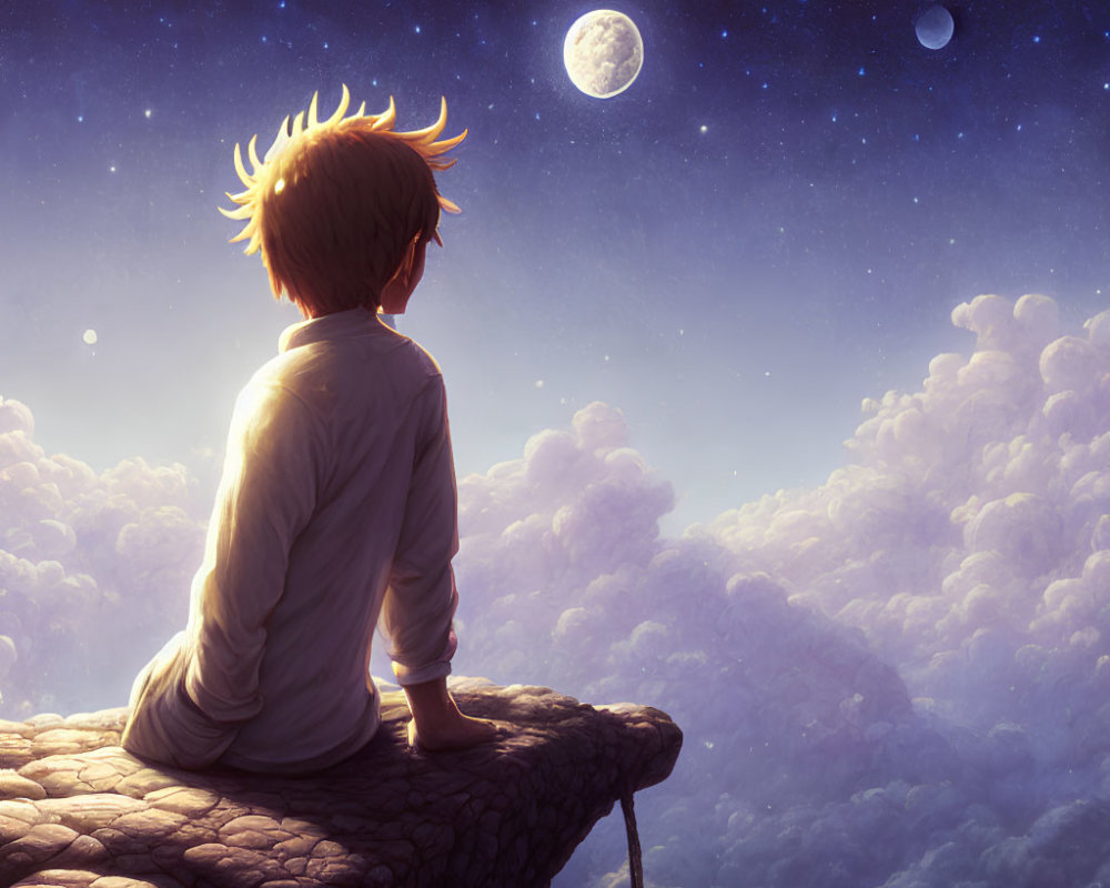 Animated boy on cliff edge gazes at twilight sky with full moon and distant planet