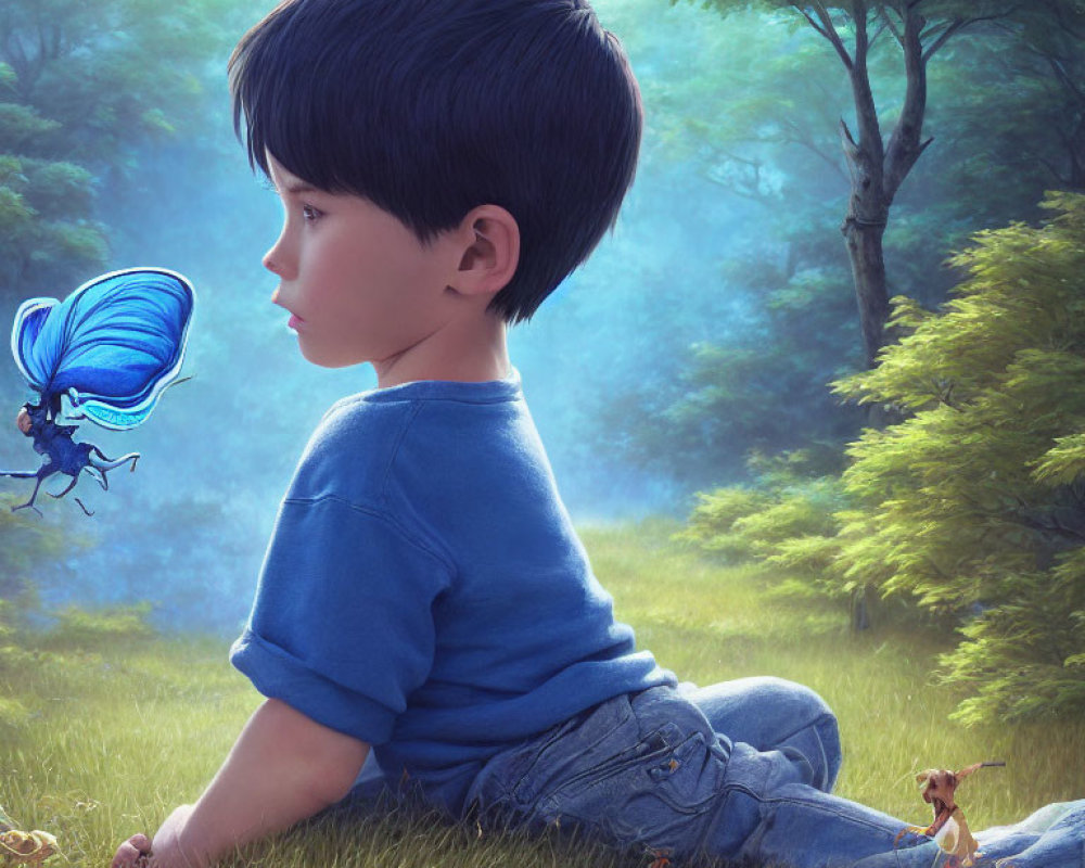 Young boy in blue shirt gazes at fantastical blue-winged butterfly in grassy clearing