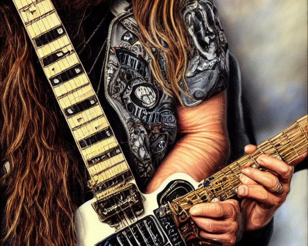 Bearded Guitarist with Long Hair Holding Intricately Designed Electric Guitar