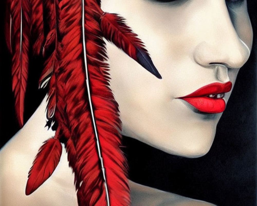 Striking makeup with blue eyeshadow and red lips, red feather in hair