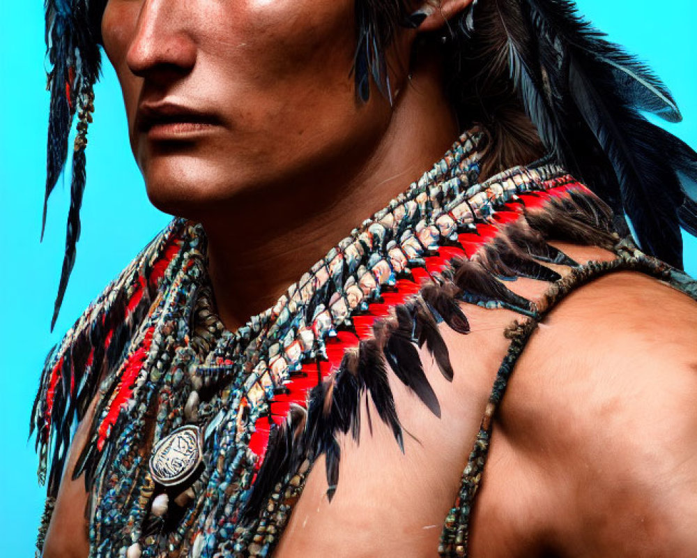 Native American man with feathered headdress and bead necklaces on teal background