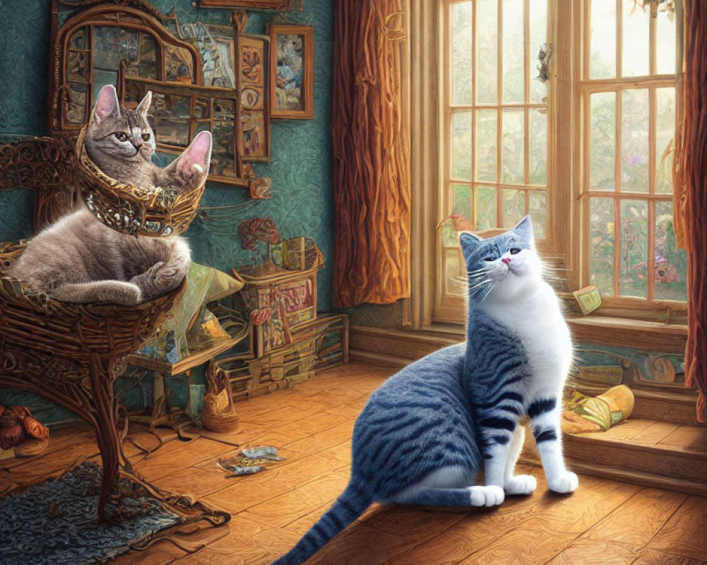 Anthropomorphic cats chatting in cozy room