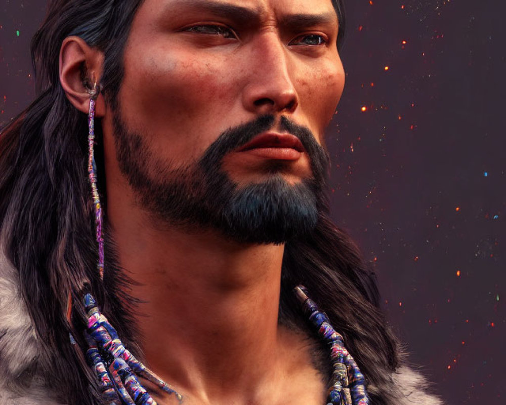 Man with Long Dark Hair in Fur Clothing and Bead Necklaces