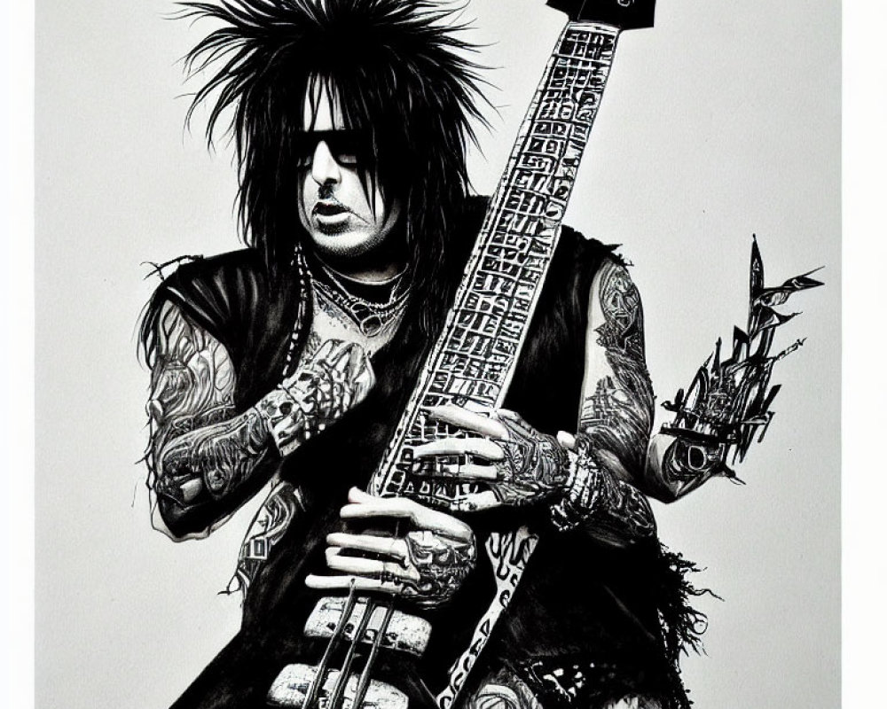 Monochrome illustration of person with spiky hair playing electric guitar